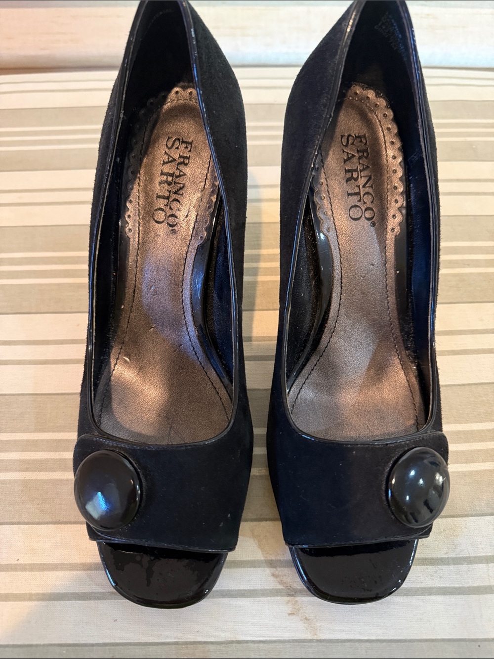 Franco Sarto Black Suede Peep-Toe Heels with Glossy Button